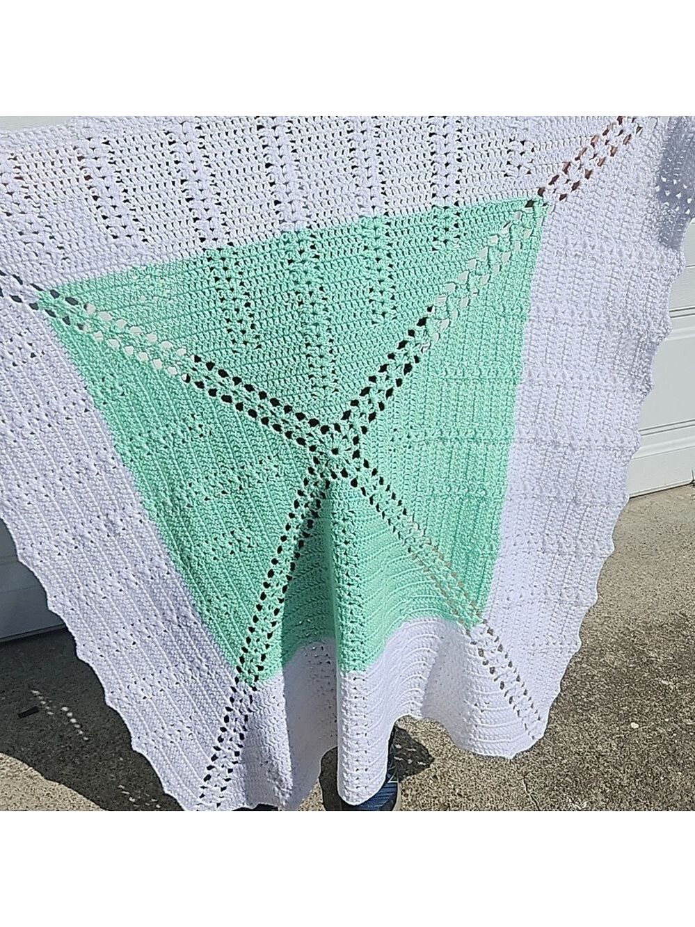 Handmade White Aqua Glitter Crochet Blanket Hand knit Grannycore Home Gifts 34"